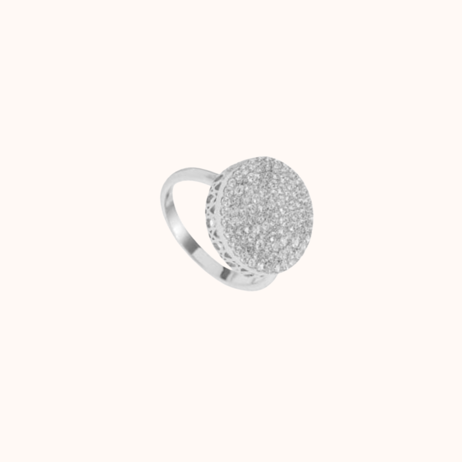 Silver ring with a glittery decorative round on a white background