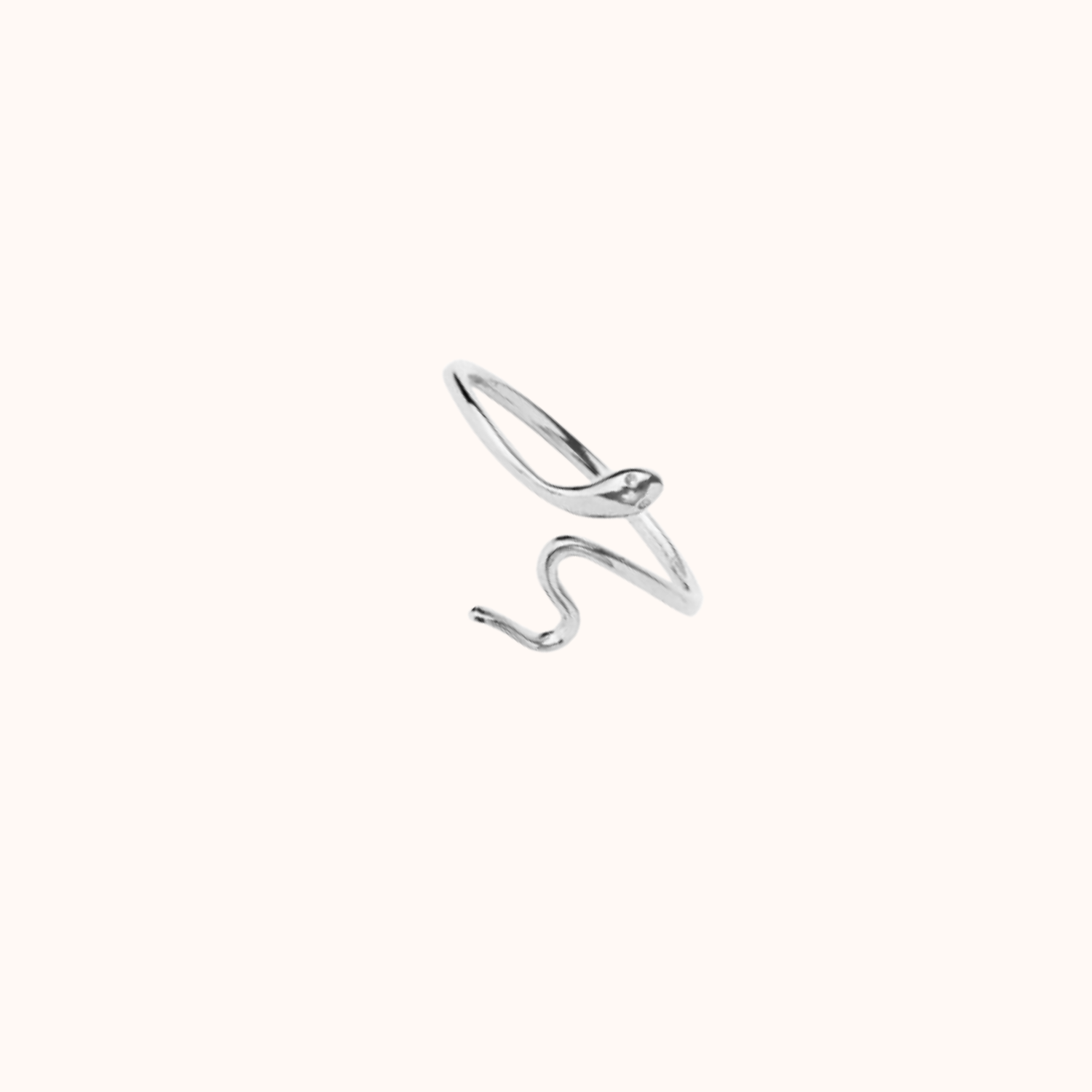Silver ring with a serpent design on a white background