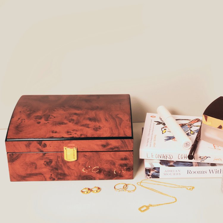 Closed wood finish jewellery box with a glossy, polished exterior, reflecting light for an elegant and stylish look