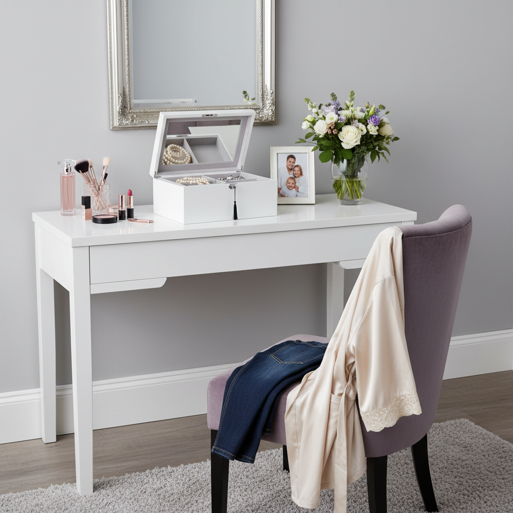 White vanity table with jewellery box, flowers, and a chair in a room with gray walls.