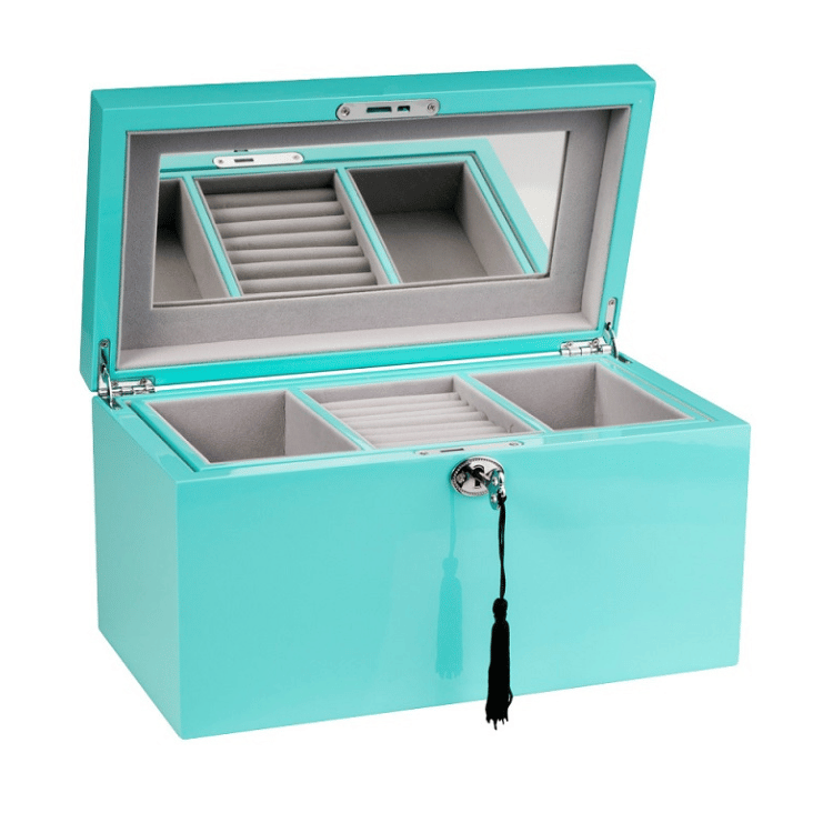 Large Tiffany blue Kandi Jewellery Box open on white background, showcasing velour-lined interior with compartments and a mirror.