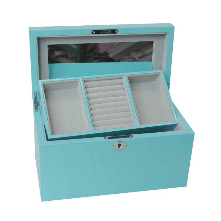 Close-up of large Tiffany blue Kandi Jewellery Box showcasing removable jewellery tray with velour lining and organized compartments