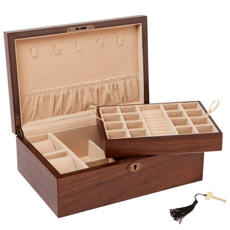 Walnut matt finish jewellery box open on a white background, showing compartments and soft velour lining