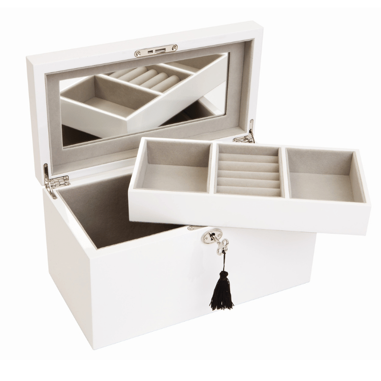 Large white Kandi Jewellery Box open on white background, showcasing velour-lined interior with compartments and a mirror.