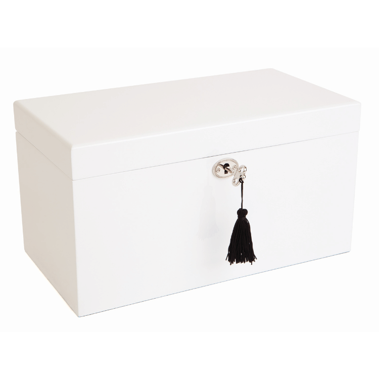 Large Kandi Jewellery Box in white, closed with key inserted in front lock, showcasing its elegant design and secure storage