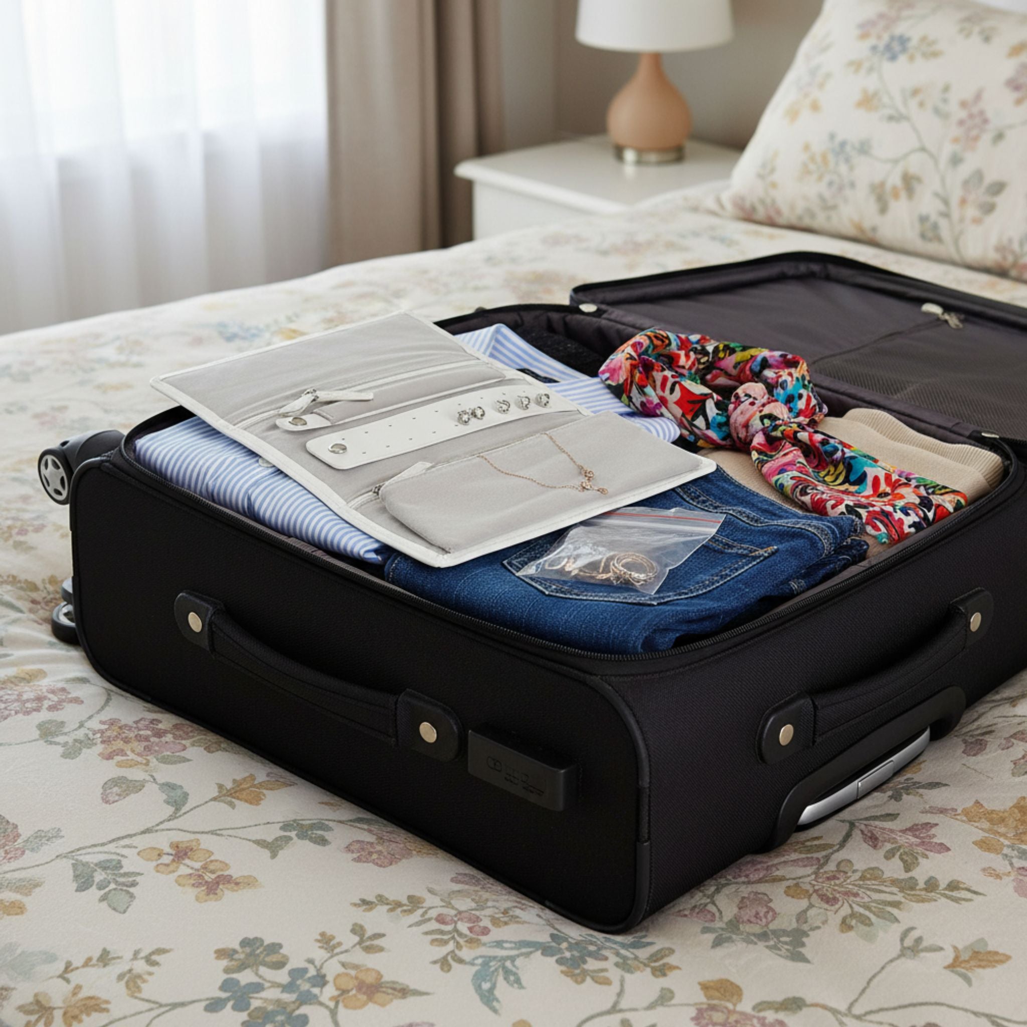 Travel jewellery case in packed suitcase