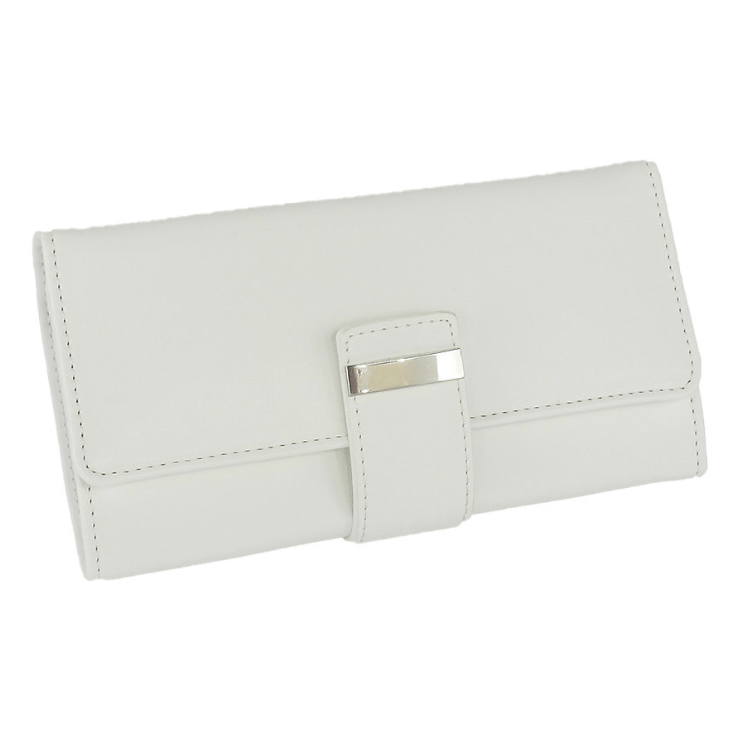 Sleek white travel jewellery wallet, compact and foldable with different compartments to hold jewellery, displayed on a white background.