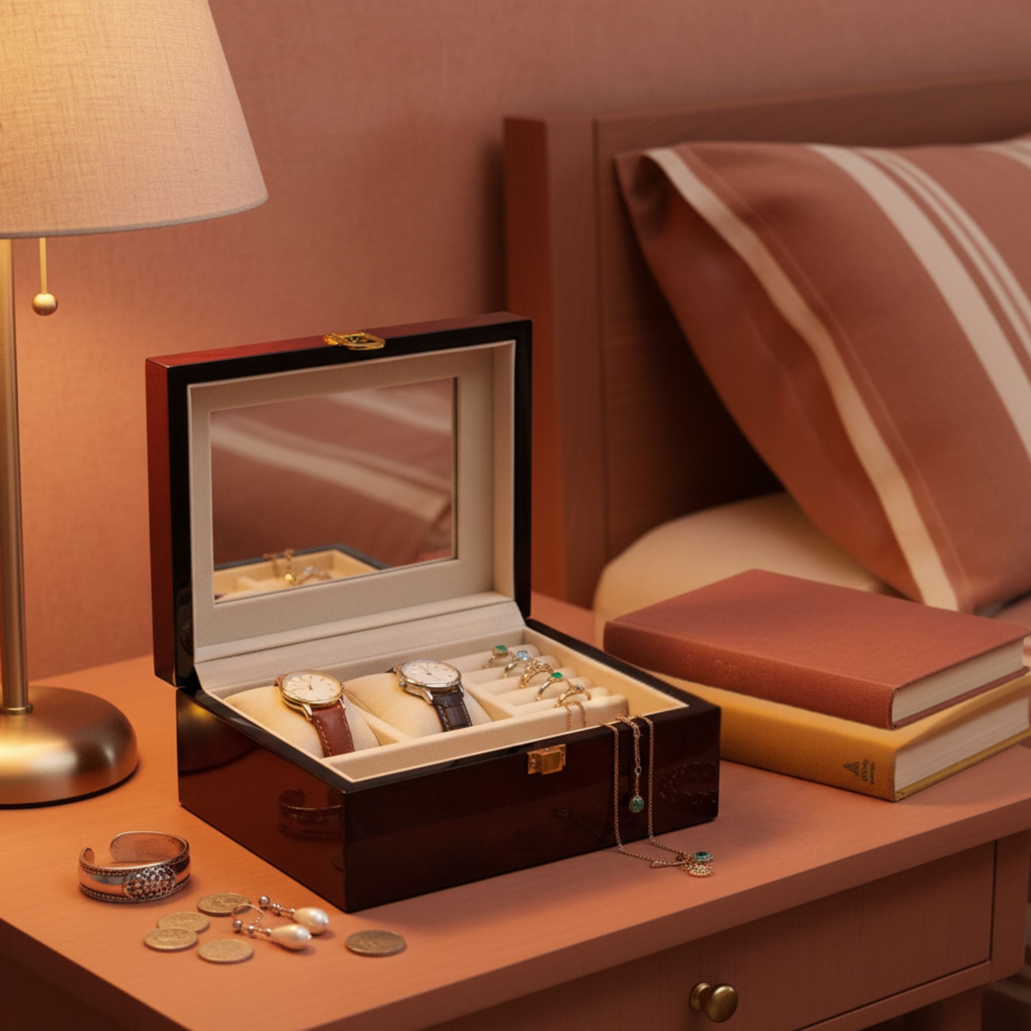 Open jewelry box with watches and jewelry on a wooden surface with books and a lamp.