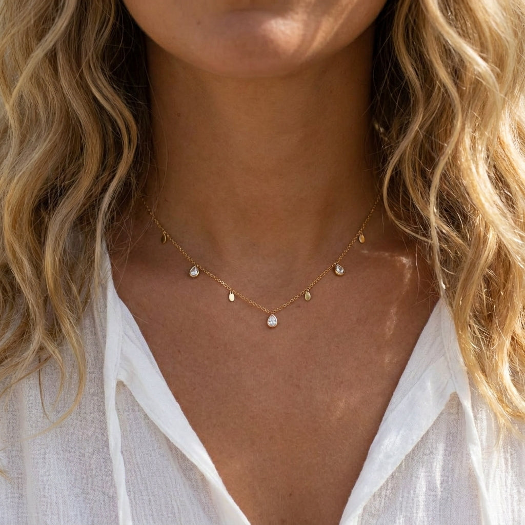Model wearing cubic zirconia drop necklace