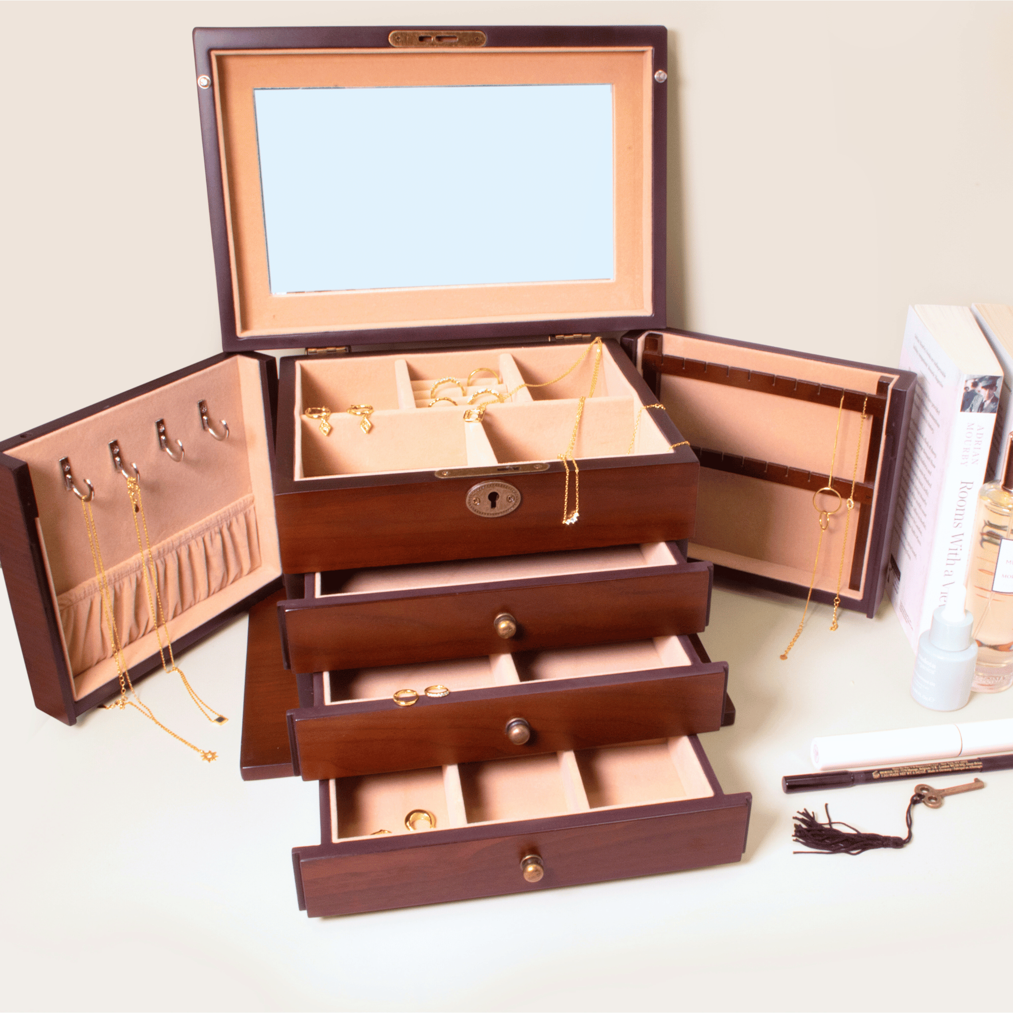 Walnut Jewellery Box With Doors and drawers - lockable