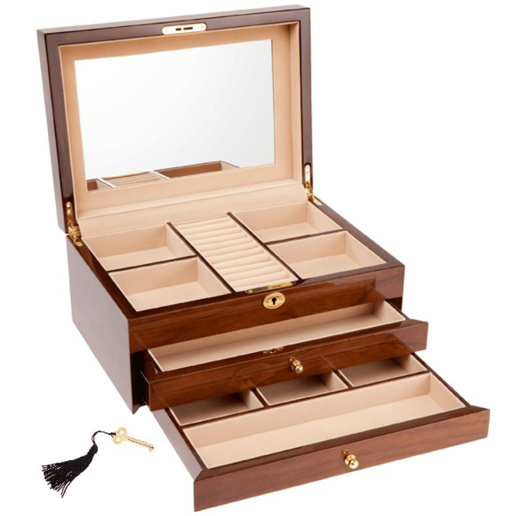 Wooden jewellery box with two drawers open on white background, showing velour interior and compartments