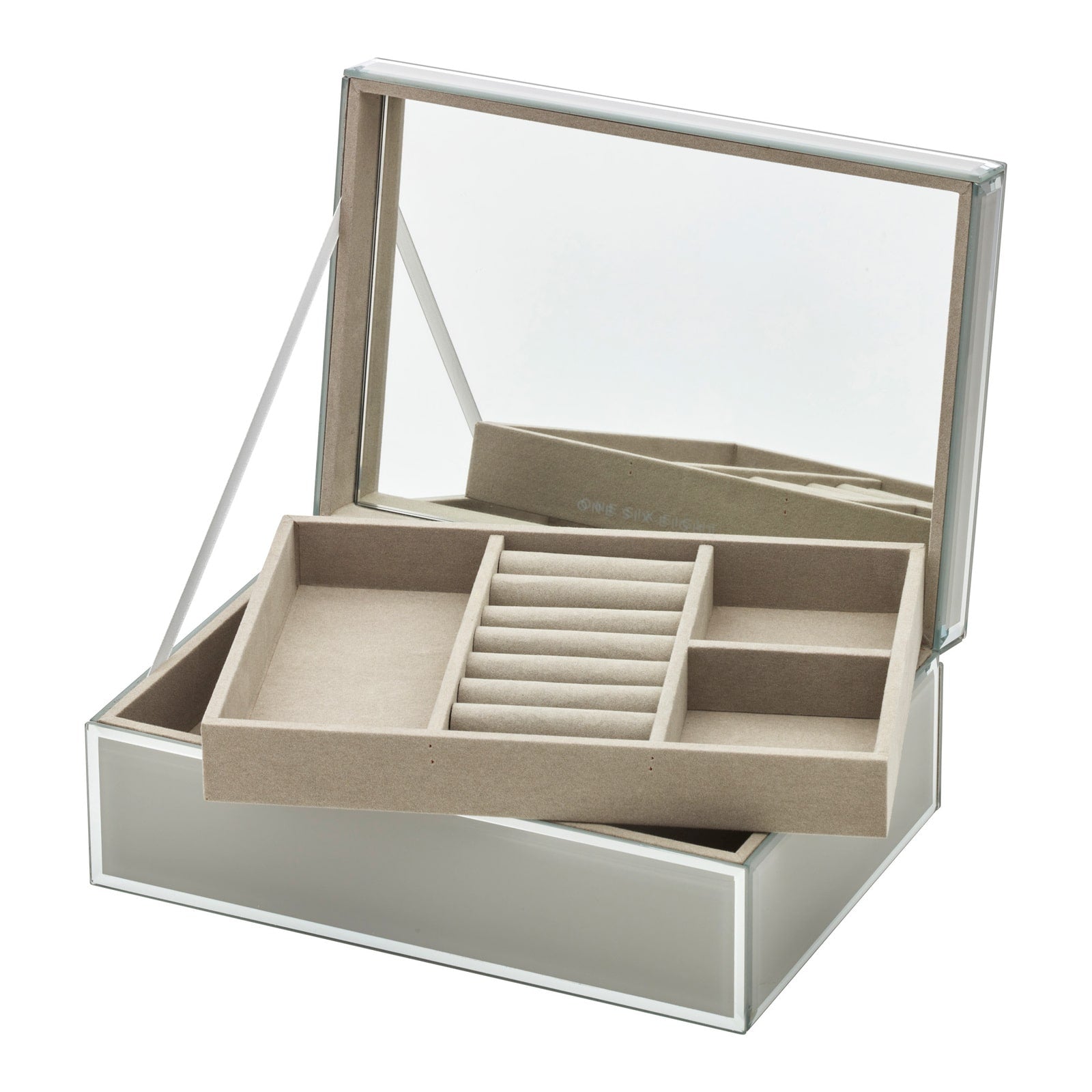 Sara Large Jewellery Box - cool grey - box open, showing tray
