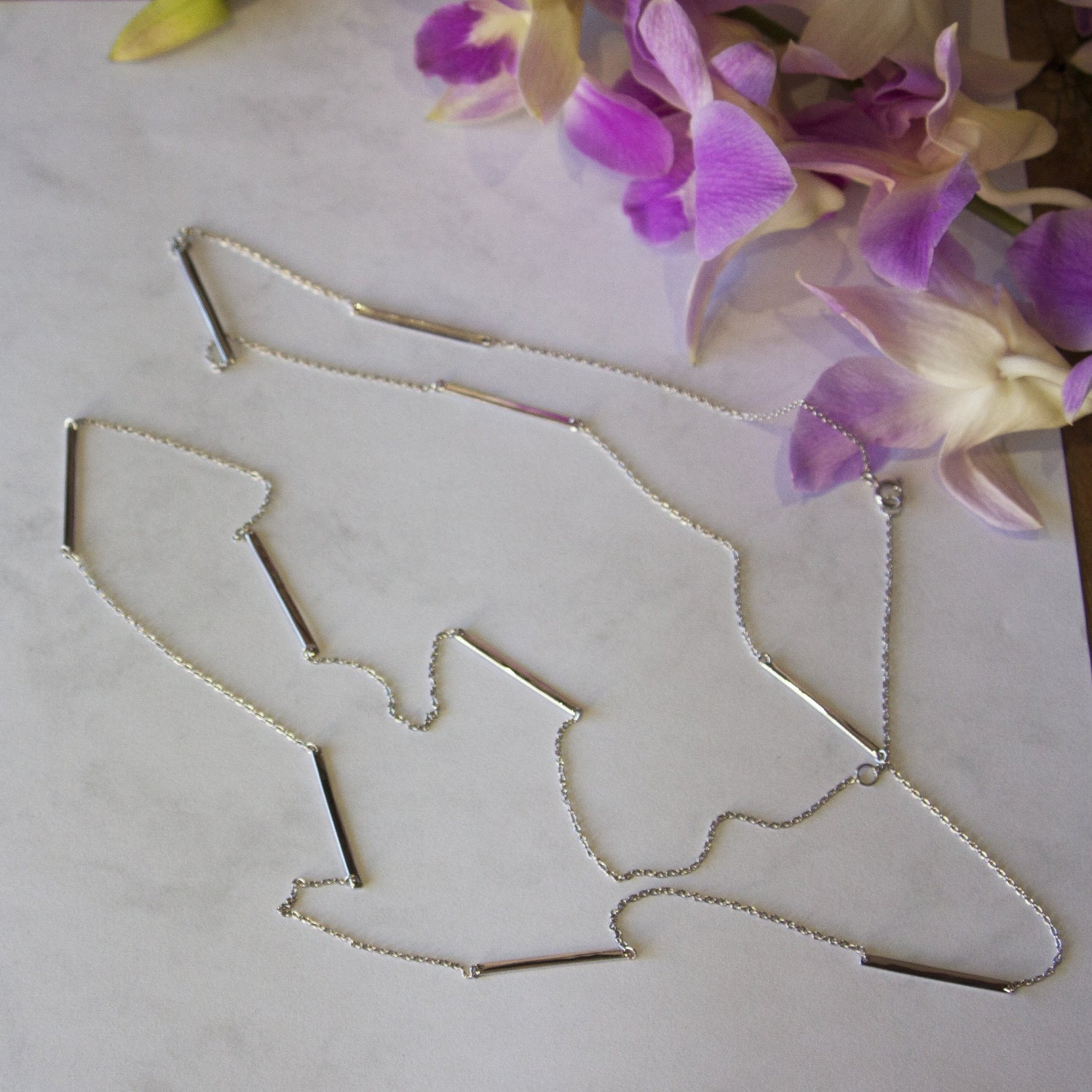 Flat view of Classic Long Bar Necklace in sterling silver
