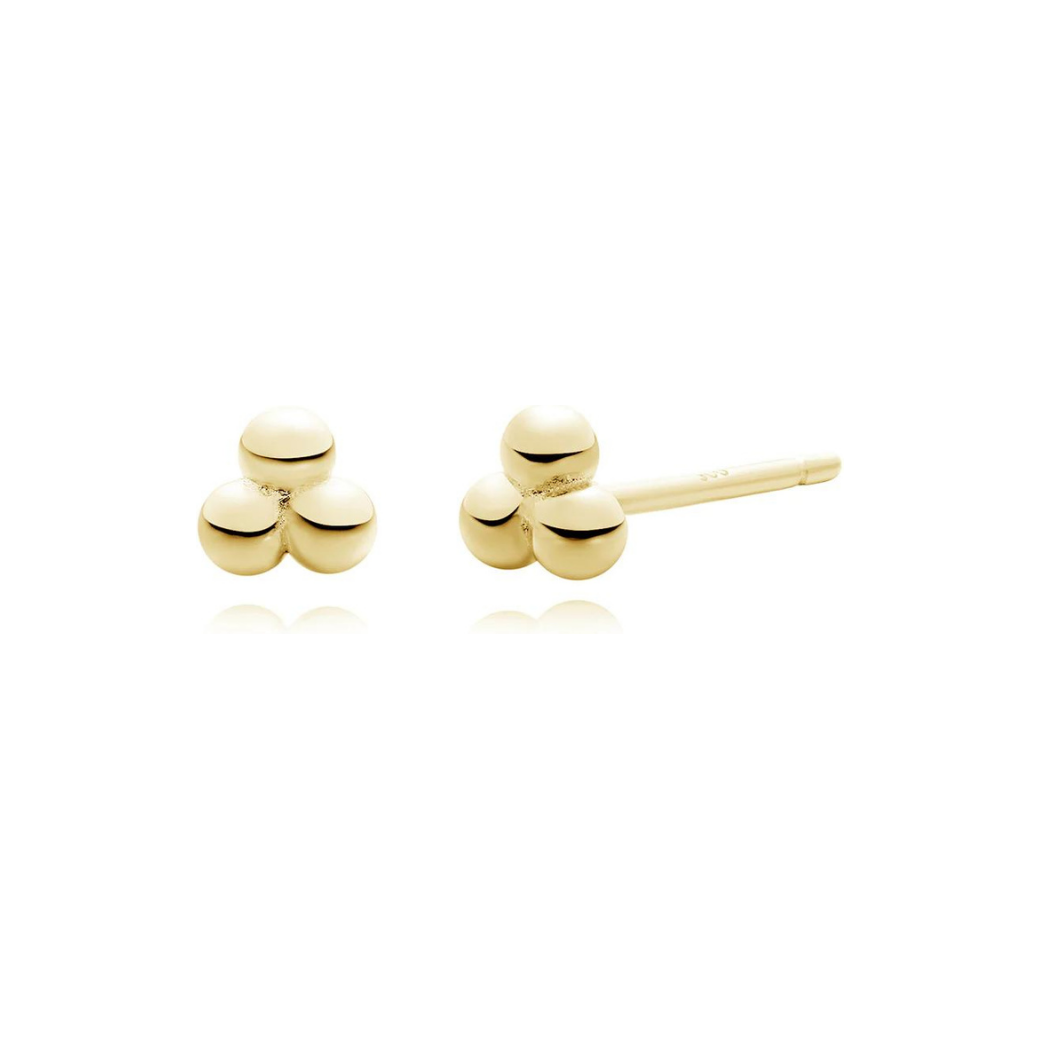 Gold three-ball cluster sphere earrings with a chic, modern design. A timeless and versatile accessory, perfect for elevating any outfit with elegance
