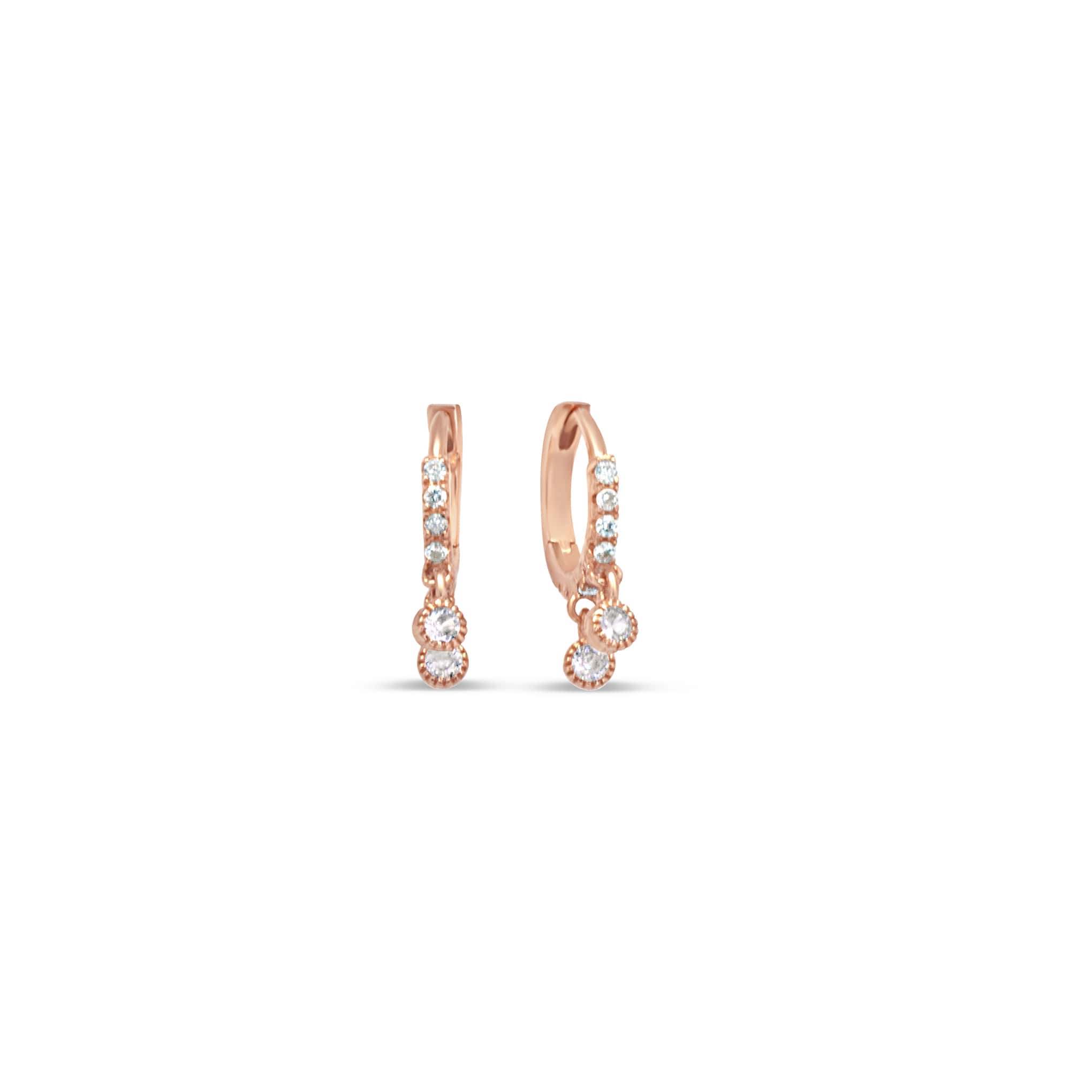 Rose gold huggy earrings with 2 cubic zirconia drops