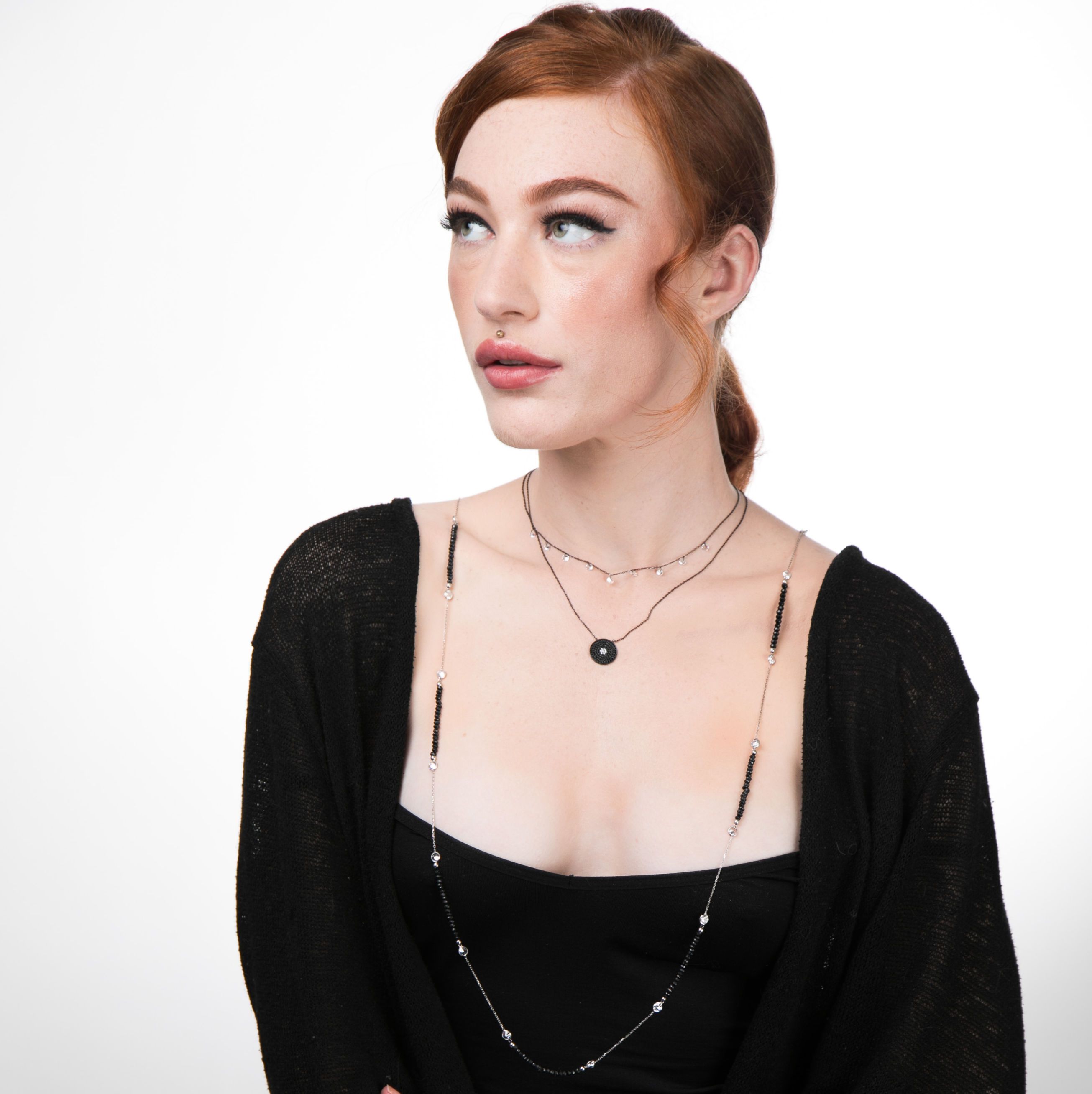 Model wearing zirconia By-The-Metre Necklace with black Semi-Precious Stone