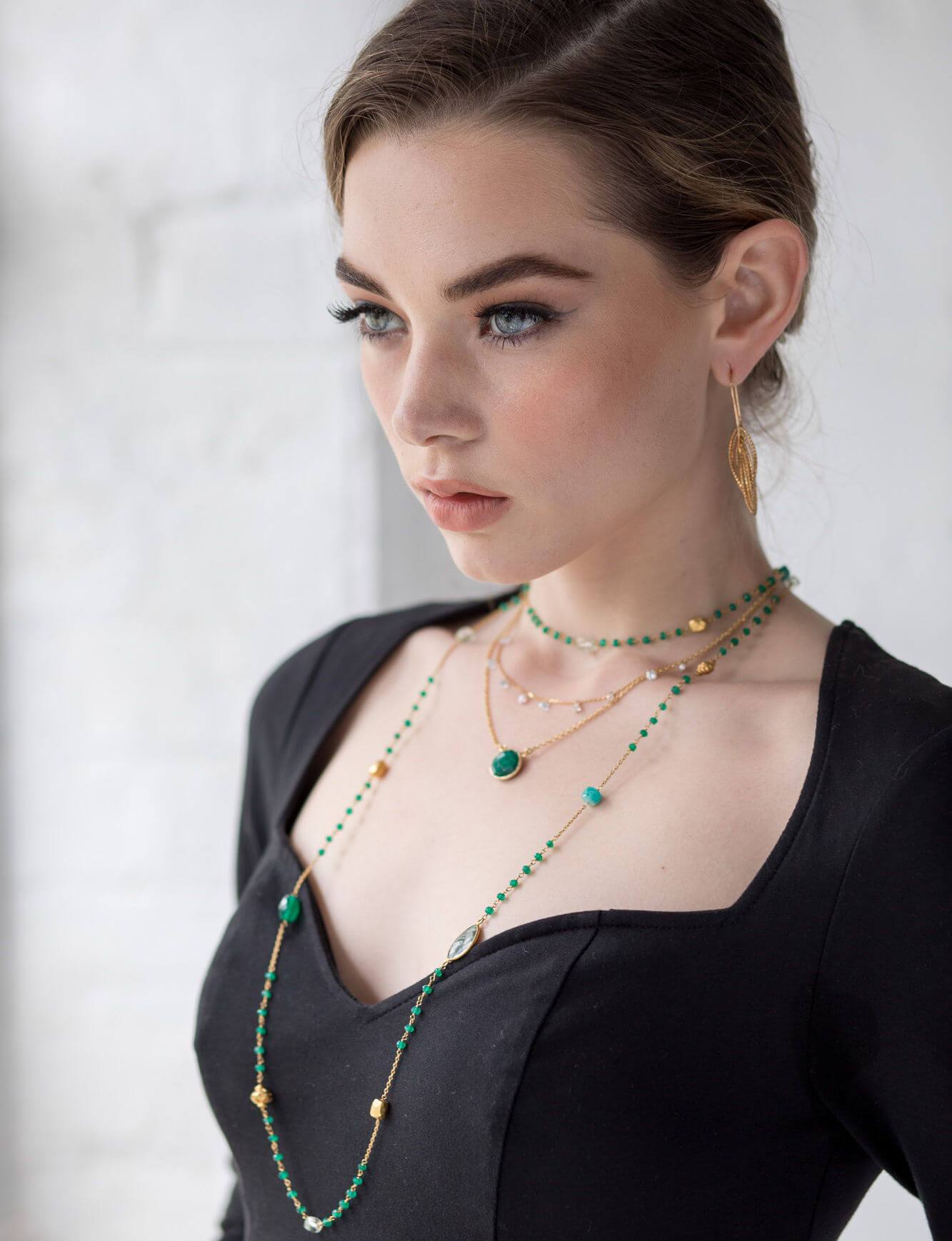model wearing Gold-Plated and Semi-precious Stone Metre-Long Necklace