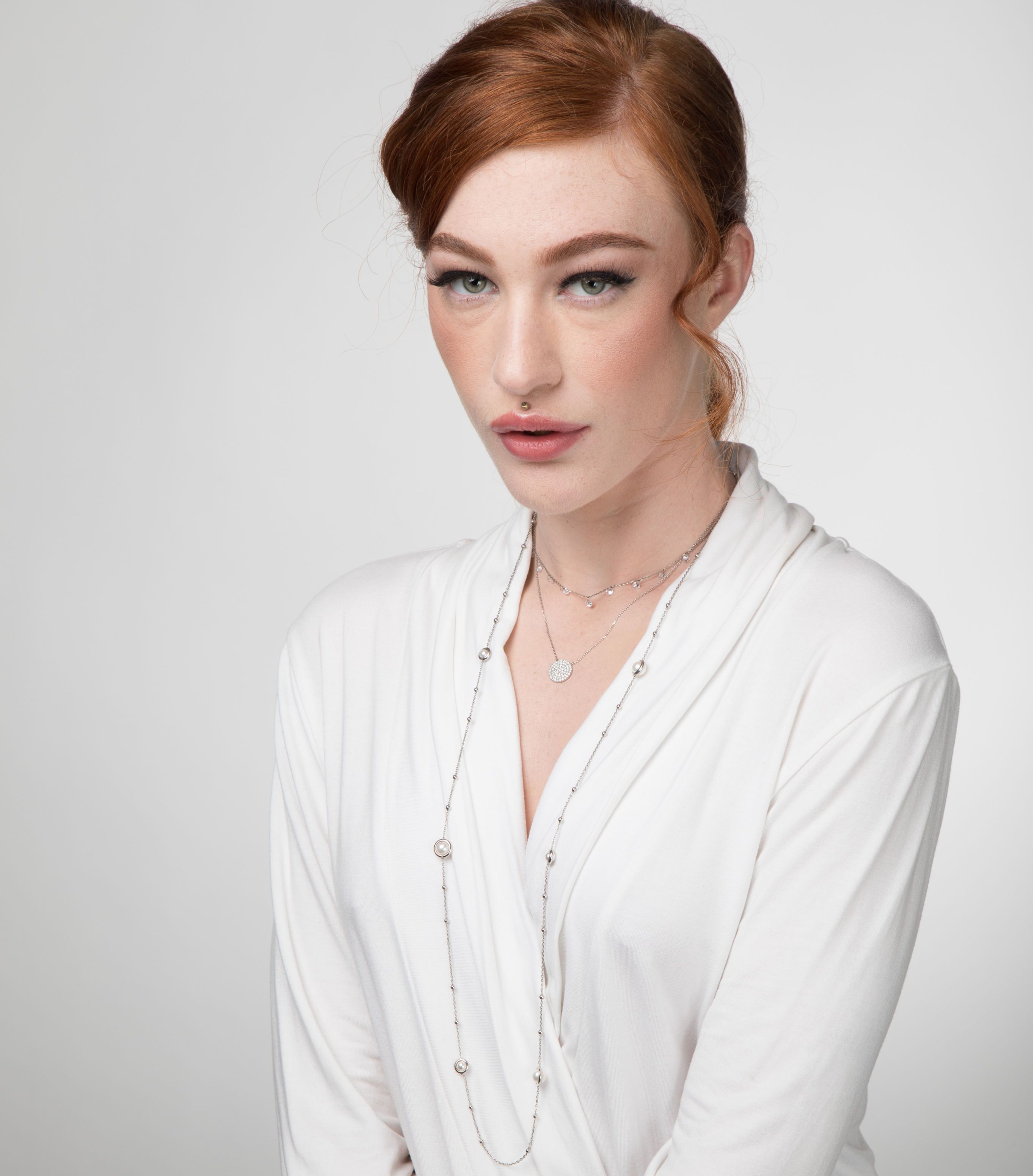  Model wearing Pearl-Encased Bauble-Chain Necklace