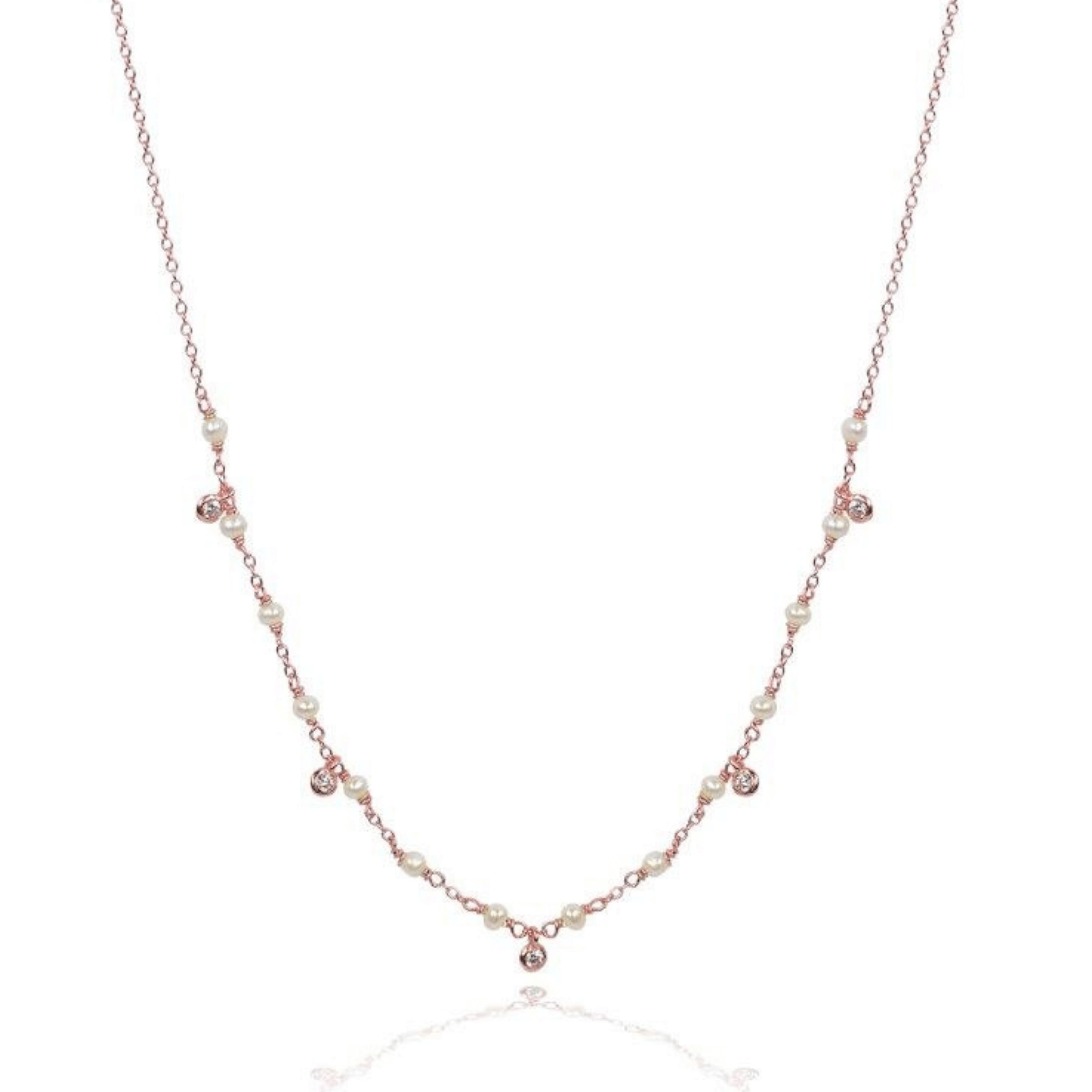 Cubic zirconia and pearl drop rose gold necklace